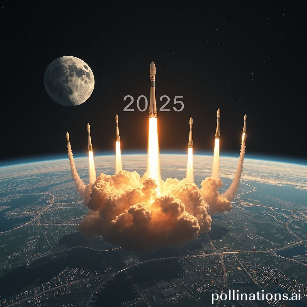 2025년 여러 국가의 로켓들이 달과 화성을 향해 발사되는 우주 탐사 대격돌 장면